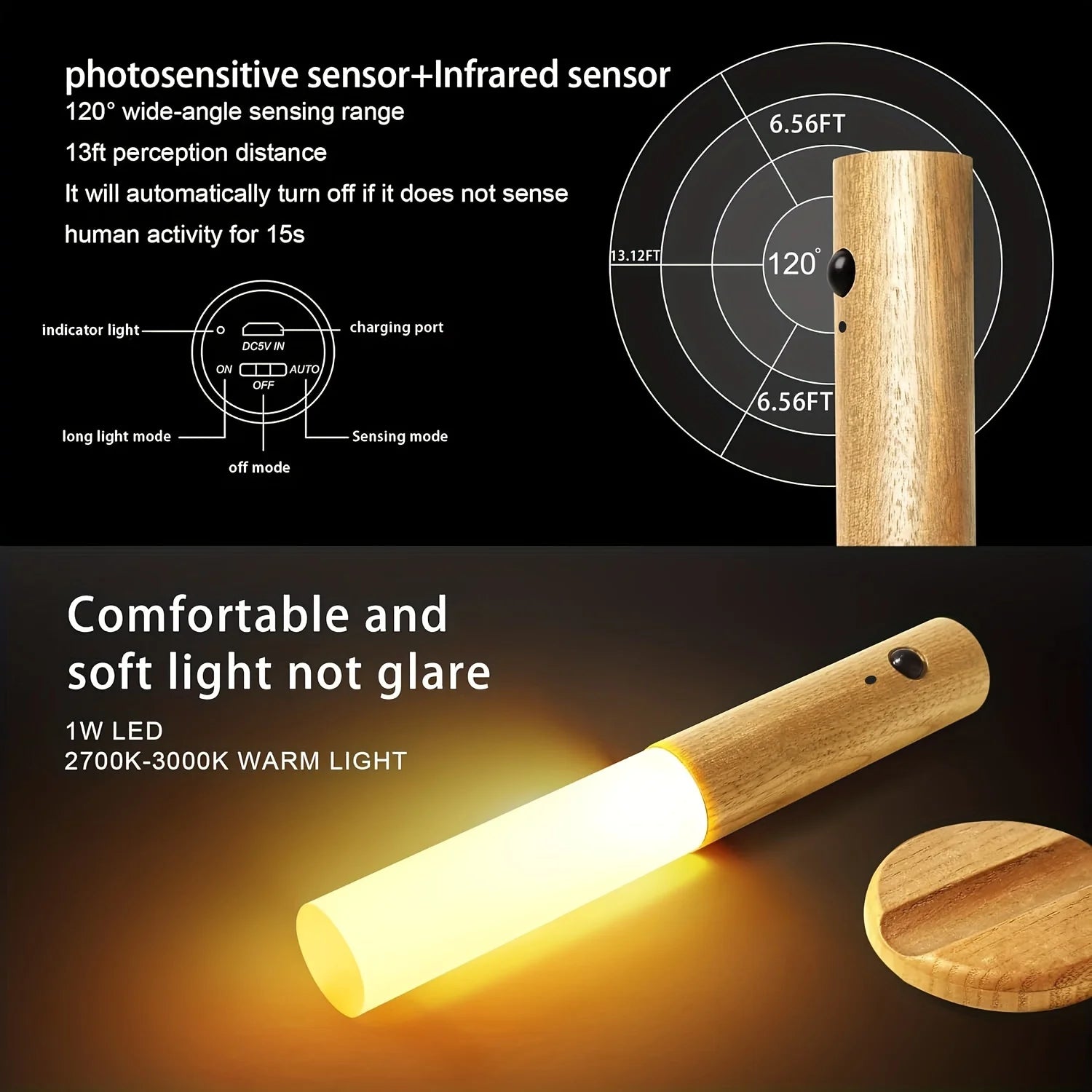 GlowSense™ Intelligent Human Body Induction LED Night Light - Walnut-Warm Light - Resimake