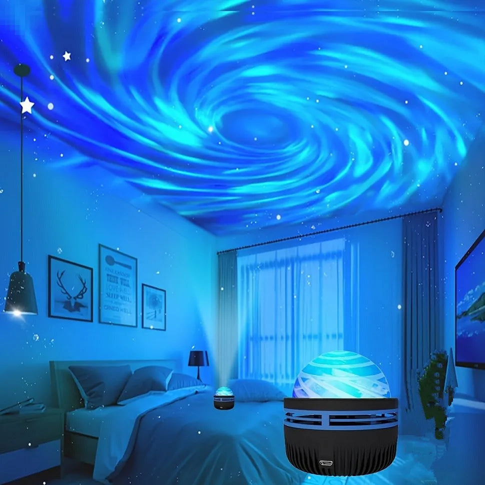 A high-tech Aurora Galaxy Projector lighting up a living room with vivid blue hues and starry effects.