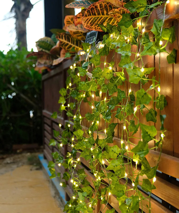 
Ivy fairy lights elegantly draped along a wooden fence for outdoor decoration.