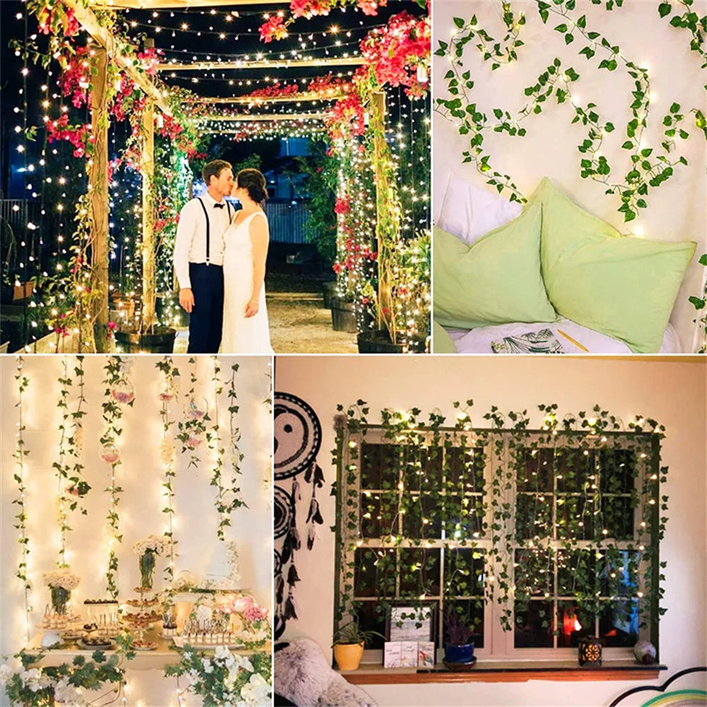 Collage showcasing ivy string lights for weddings, bedrooms, and windows.