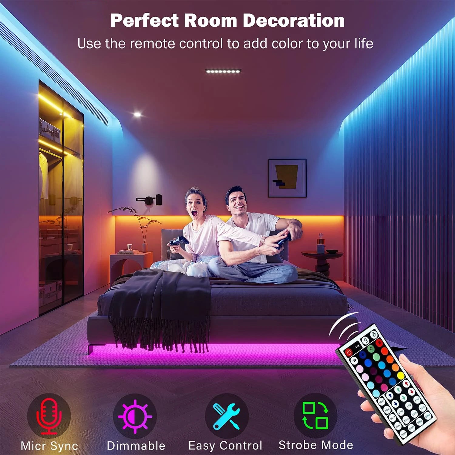 BrightVibe™ RGB LED Strip Lights - Ir 24 Key / 30M - Resimake